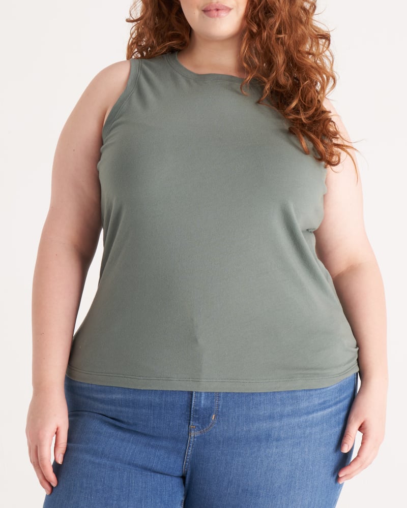 Front of a model wearing a size XL The Muscle Tank in Thyme by The Standard Stitch. | dia_product_style_image_id:288232